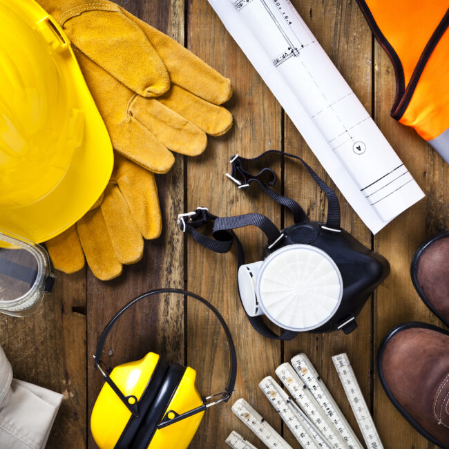 Personal protective workwear and blueprint shot directly from above on rustic wood background. The protective workwear includes hard hat, gloves, earmuff, goggles, steel toe shoes, and safety vest. Predominant colors: yellow and brown. DSRL studio photo taken with Canon EOS 5D Mk II and EF 100mm f/2.8L Macro IS USM